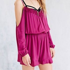 UO off-the-shoulder crochet insert romper